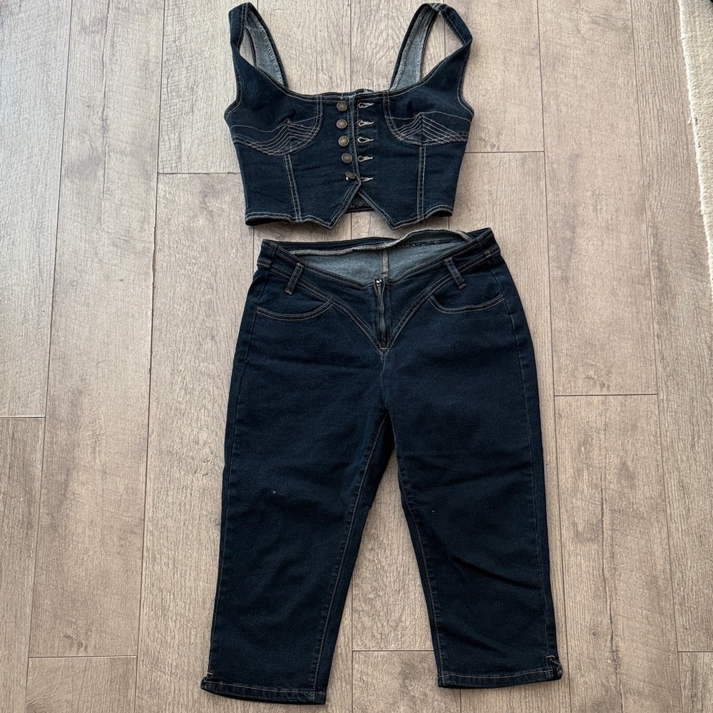 Stylish Black Denim Corset Top and Pants Set